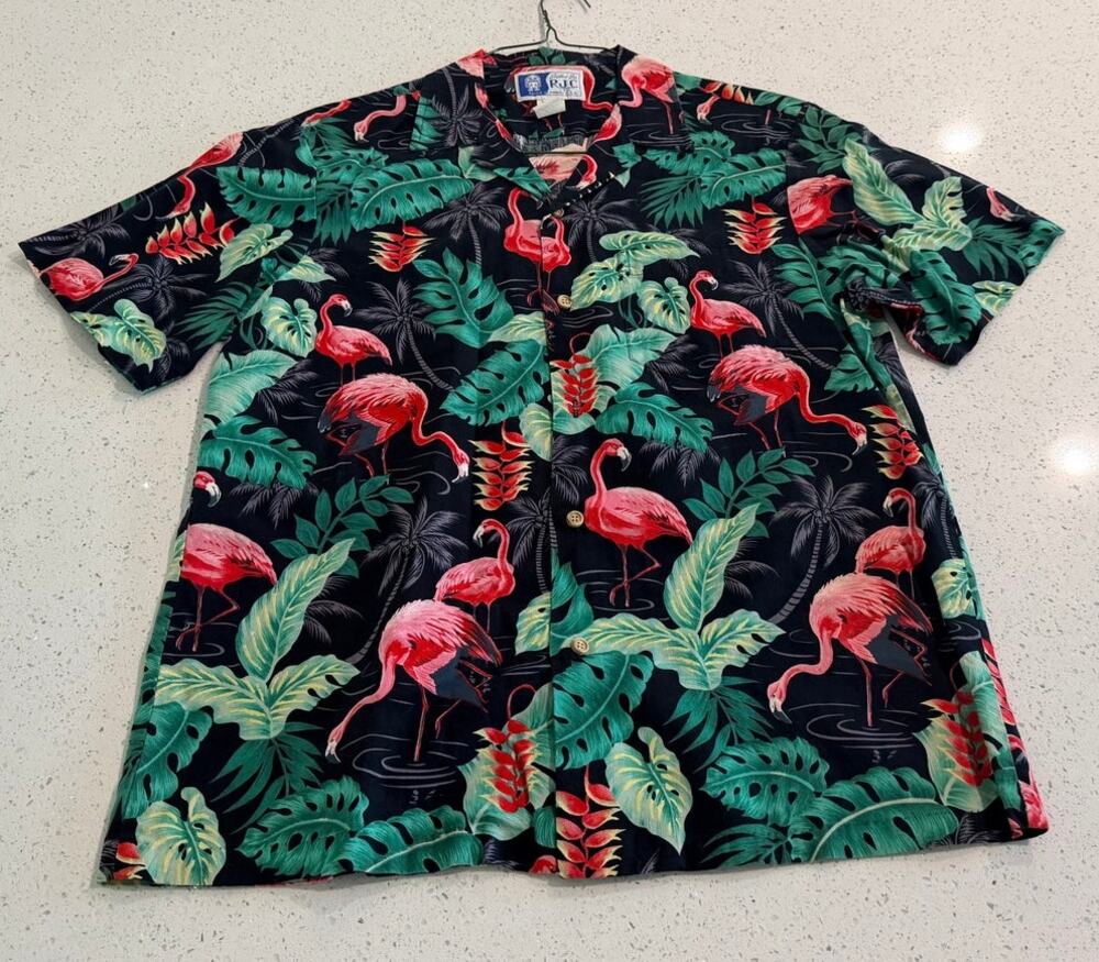 Vintage RJC Pink Flamingo Short Sleeve Hawaiian Shirt Made In Hawaii Size L